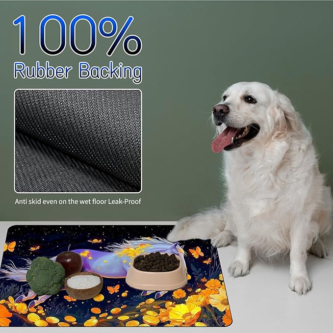 Dog Food Mat, 19.6" x 23.6" Absorbent Pet Feeding Mat for Food and Water, Waterproof Diatom Mud Pet Placemat with Non-Slip Rubber Backing, Cat Bowl Mat for Floors - Yellow Flower Horse