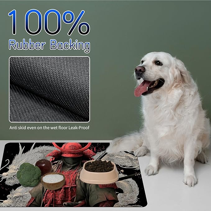 Dog Food Mat, 19.6" x 23.6" Absorbent Pet Feeding Mat for Food and Water, Waterproof Diatom Mud Pet Placemat with Non-Slip Rubber Backing, Cat Bowl Mat for Floors - Red-Clothed Man Dragon