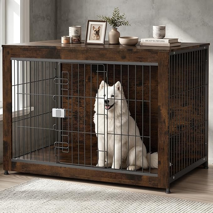 Wooden Dog Crate Furniture, 43in Dog Cage Furniture with Safety Latch, Indoor Decorative End Table for High Anxiety Dogs, Furniture Style Dog Crate for Large Dogs, Aged Black