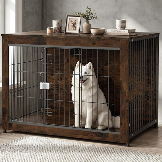 Wooden Dog Crate Furniture, 43in Dog Cage Furniture with Safety Latch, Indoor Decorative End Table for High Anxiety Dogs, Furniture Style Dog Crate for Large Dogs, Aged Black