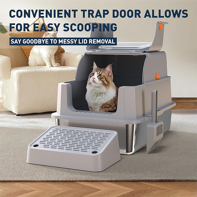 Stainless Steel Cat Litter Box - Gray High-Sided Enclosed Design, Anti-Leak, Reduces-Odors, Non-Sticky, Easy to Clean, Metal Cat Litter Box, High Side Includes Scoop and Steps, Large Capacity Kitty