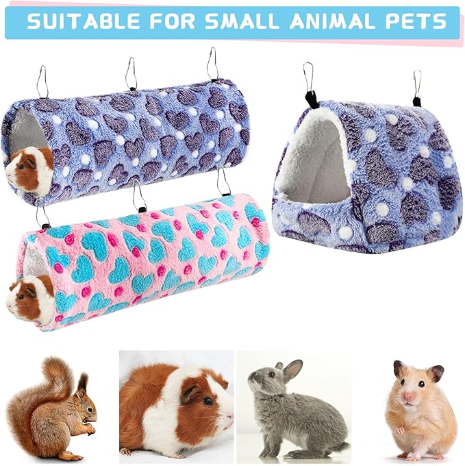 Abbylike 9 Pieces Rat Hammock 3 Tier Guinea Pig Ferret Hammocks Small Pet Hanging Tunnel Glider Toy Guinea Pig Ferret Hideout Bed Cage Accessories for Hamster(Green, Purple, Pink,Heart)