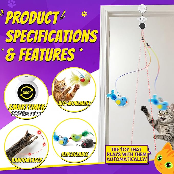 Interactive Cat Toys for Indoor Cats: 2 in 1 Cat Toy with Automatic Flying Bird & Mouse Wand, Smart Motion Mode Adjustable Speed, USB Rechargeable Safe for Bored Kittens and Adult Cats