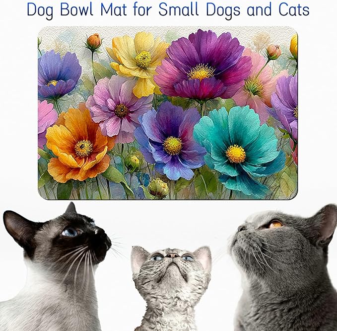 Dog Food Mat, 19.6" x 23.6" Absorbent Pet Feeding Mat for Food and Water, Waterproof Diatom Mud Pet Placemat with Non-Slip Rubber Backing, Cat Bowl Mat for Floors - Purple-Green Flowers