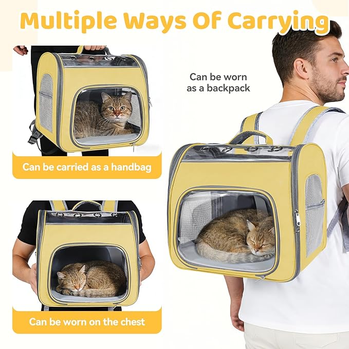 Cat Soft-Sided Carrier Backpack, Breathable Mesh Foldable Pet Travel Carrier with Reinforced Support, Portable Puppy Carrying for Kitty Up to 15lbs (Yellow)
