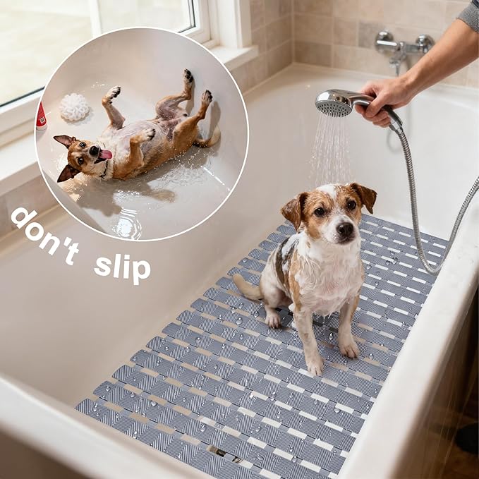 Non Slip Dog Bath Mat for Tub, Pet Dog Bathing Non-Slip Mat, Dog Bath mat for tub, 27.5x15.7 Inch Quick Drain Bathtub Mat with Suction Cups & Drain Holes for Bathroom(Light Blue)