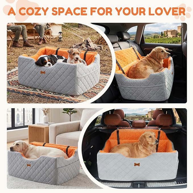 Dog Car Seat for Large Dogs - Foam Dog Booster Seats for 2 Small Dogs, High Depth Car Pet Seat with Storage and 2 Safety Leash, Washable Portable Travel Cat Bed, 2-inch, Grey