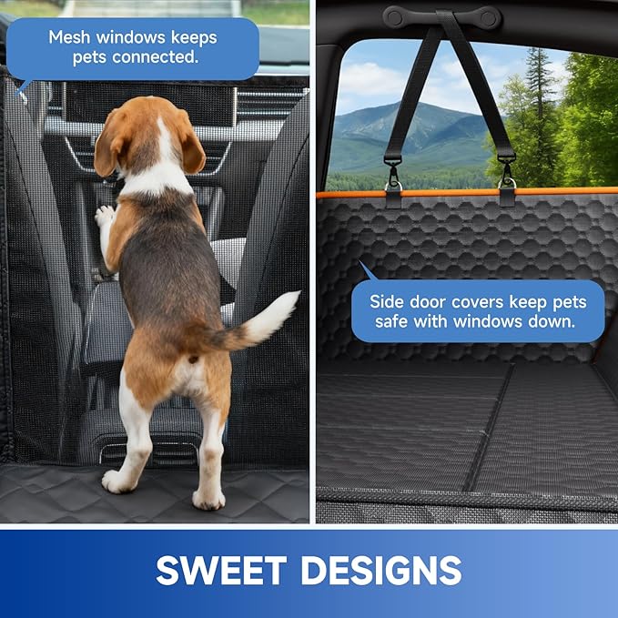 Dog Car Seat Cover for Back Seat Waterproof Oxford Fabric, Hard Bottom Seat Extender, Scratchproof, Anti-Slip, Dog Hammock for Car with Mesh Window, Fit Full Size Truck, Black Orange