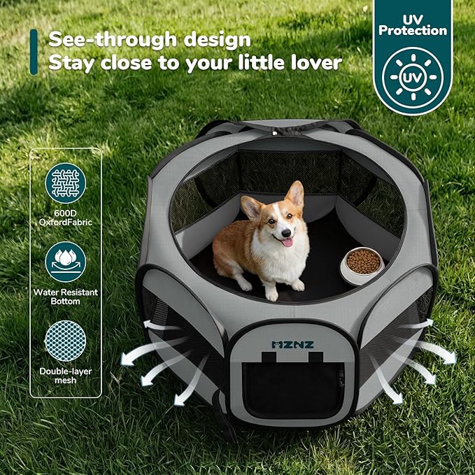 Dog Playpen, Portable Puppy Pet Crate Indoors for Small/Medium Dogs Cats Rabbits, Foldable Dog Cage Enclosure for Outdoor, Pop Up Dogs Tent Kennel with Carrying Case, Whole Grey