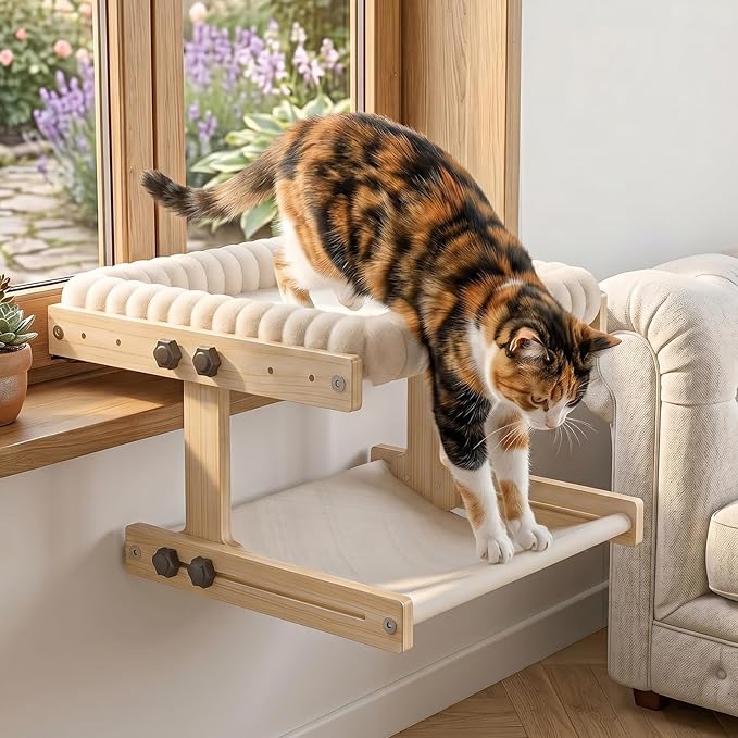 XiaZ Cat Perch for Window Cats Hammock Indoor Bed for Window Adjustable Wooden Frame Bird Watching Sunbathing Space-Saving Double Layer 18 * 16 * 10inch (Small Breeds Recommended)