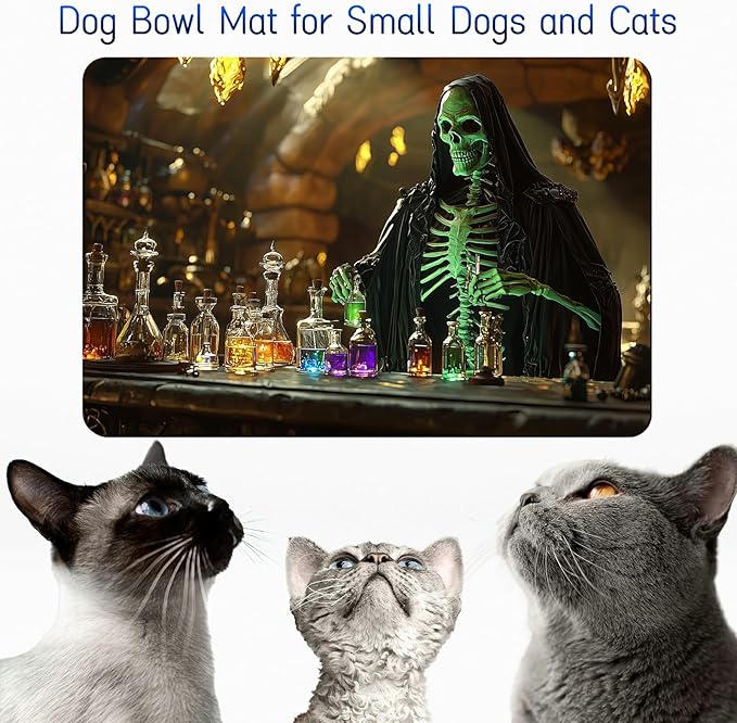 Dog Food Mat, 15.7" x 23.6" Absorbent Pet Feeding Mat for Food and Water, Waterproof Diatom Mud Pet Placemat with Non-Slip Rubber Backing, Cat Bowl Mat for Floors - Experimental Skull
