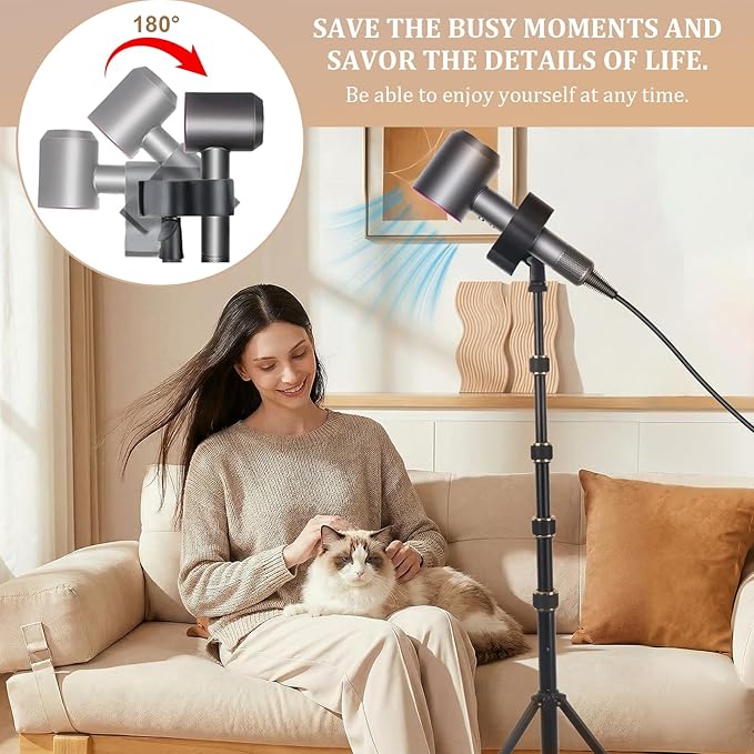 Hands Free Hair Dryer Stand with Tripod, 26-76 Inch Adjustable Height, 180° Rotating Universal Clip, Foldable Metal Blow Dryer Holder for Bathroom Vanity Makeup Room Home Styling & Pet Grooming, Fits Most Hair Dryers