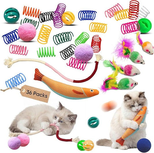 36 Pcs Interactive Cat Toys Set for Indoor Cats Kitten Toys Variety Pack Includes Plush Fish, Chew Ropes,12Colors Cat Springs, Feather Mice and Balls Best Gift to Relieve Boredom for Adult Cats