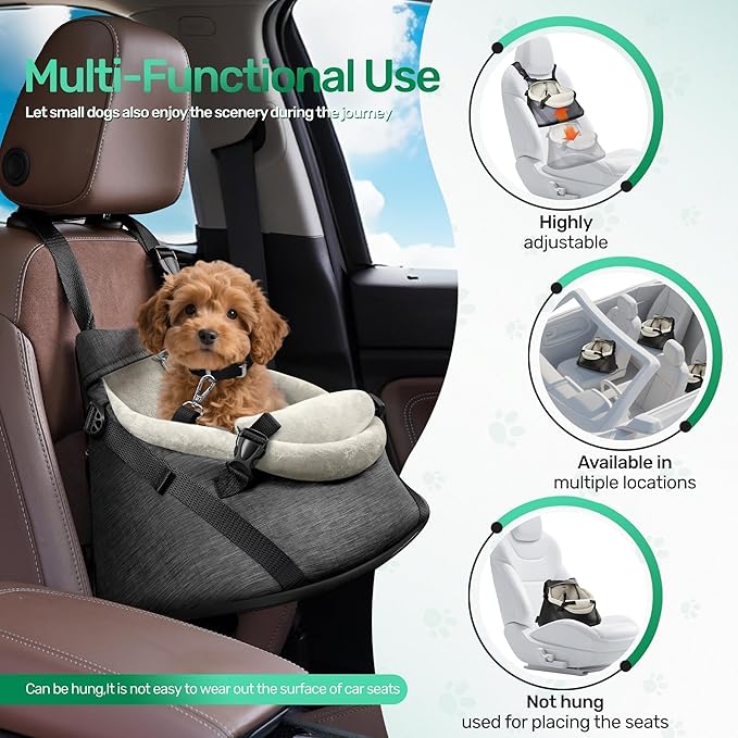YUDODO Teacup Dog Car Seat – Designed for Tiny Dogs up to 7 lbs – Luxurious Vegan Leather Booster Seat for Chihuahua & Yorkie with Safety Belt & Soft Cushion, Gray