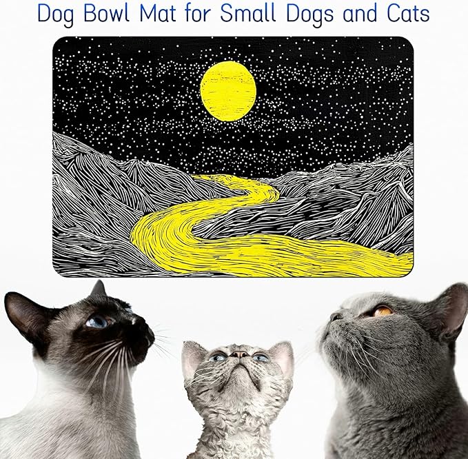 Dog Food Mat, 15.7" x 23.6" Absorbent Pet Feeding Mat for Food and Water, Waterproof Diatom Mud Pet Placemat with Non-Slip Rubber Backing, Cat Bowl Mat for Floors - Creek Yellow Moon