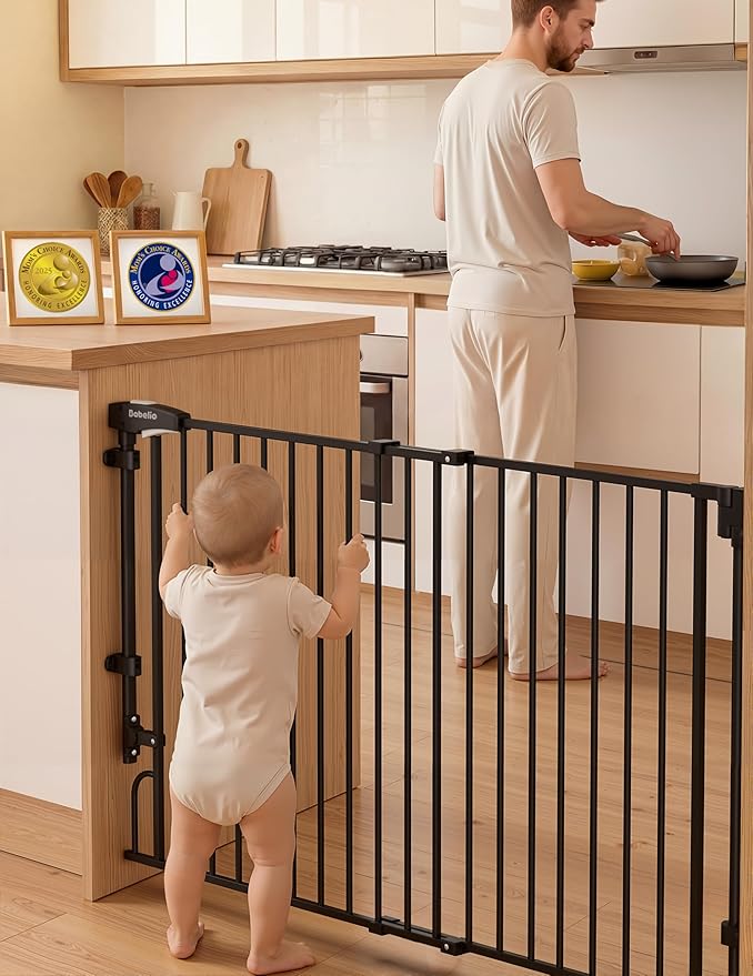 Babelio Removable & No Bottom Bar Baby Gate, 35.5-55" Hardware Mounted (Drill Needed)| Wide Walk-Thru| Auto-Close Safety Dog/Pet Gate for Stairs & Doorways (Black, 35.5-55" W, 30" H)