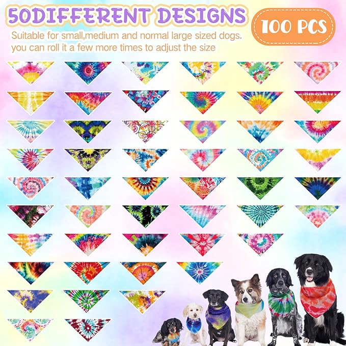 Sweetude 100 Pcs Tie Dye Dog Bandanas Bulk Pet Triangle Scarf Bibs Washable Puppy Kerchief Adjustable Grooming Supplies for Small Medium Large Dog Cat Costume Accessories