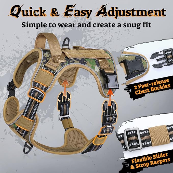 rabbitgoo Tactical Dog Harness for Large Dogs No Pull Adjustable Military Vest with Handle MOLLE Reflective Heavy Duty Dog Vest for Walking Training Hunting Outdoor Medium Size Dog Brown Camo XL