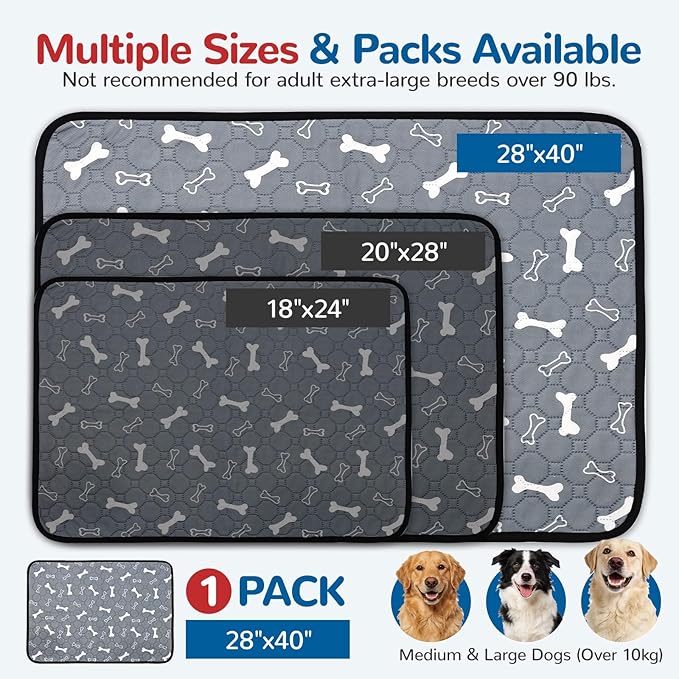 BAEJMJK Washable Dog Pee Pads 4-Layer Super Absorbent Puppy Training Pads Waterproof Non-Slip Leak-Proof Reusable Mats for Potty, Crate, Playpen & Travel(28"x40",Gray 1-Pack)