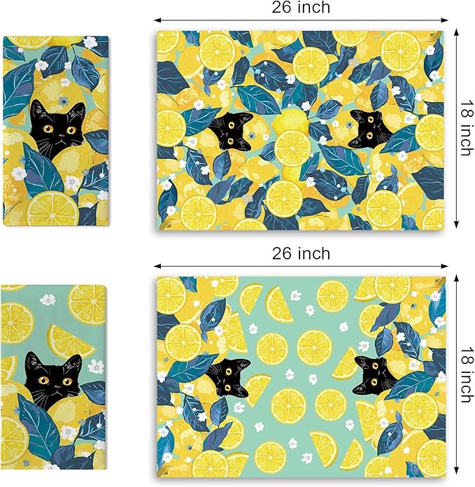 Black Cat Lemon Kitchen Dish Towels Set of 2, Spring Summer Citrus Fruit Drying Hand Towel Baking Cooking Cloth Pet Owner Lover Gifts, Floral Farmhouse Bathroom Home Decoration 18'' x 26''