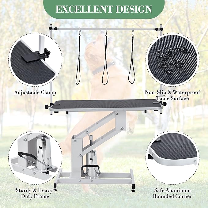 43.3-Inch Large Desktop Hydraulic Pet Grooming Table for Large Dogs with 350 LBS Loading Capacity - Heavy Duty Professional Dog Grooming Table with Non-Slip Desktop and 3 Adjsutable Nooses