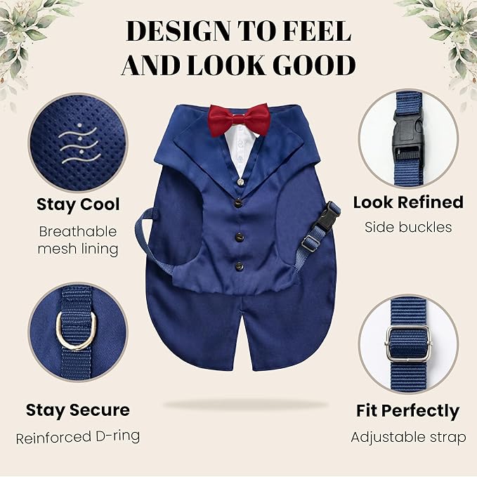 AVERYDAY Dog Tuxedo with Bow Tie for Wedding Outfit, Dog Suit Costume for Christmas Halloween Valentine’s Day, Adjustable Pet Tux Harness with Leash Ring, Formal Wear for Small Medium Large Dogs