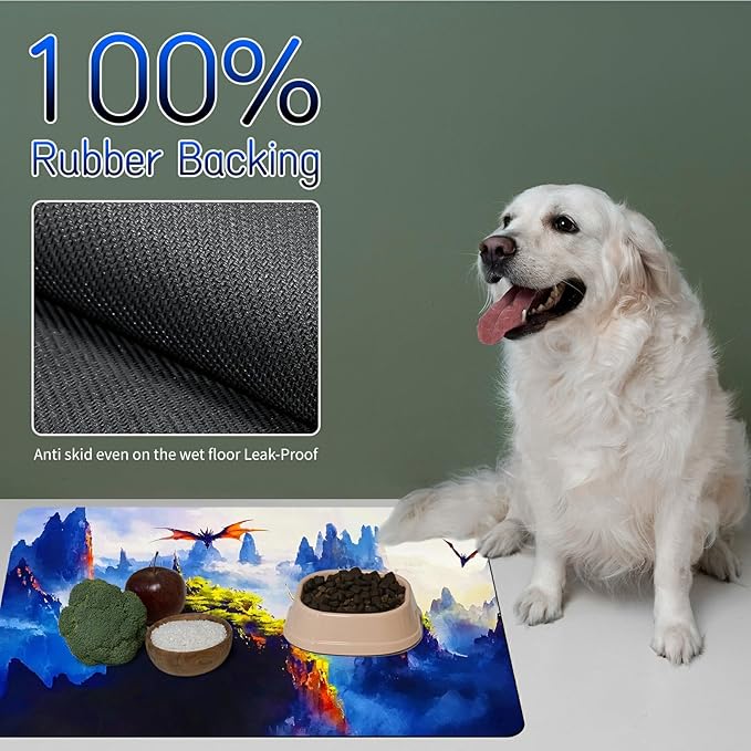Dog Food Mat, 15.7" x 23.6" Absorbent Pet Feeding Mat for Food and Water, Waterproof Diatom Mud Pet Placemat with Non-Slip Rubber Backing, Cat Bowl Mat for Floors - Forest Mountain Bird