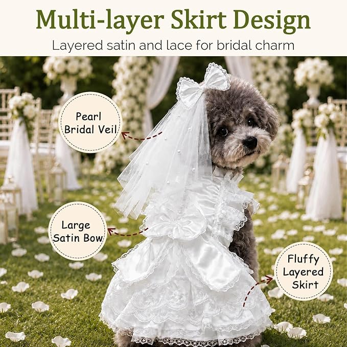 Dog Wedding Dress with Veil, Princess Lace Dog Dress with Bow, Fluffy Bridal Outfit for Small Dogs, Puppy Formal Dress for Wedding Birthday Photoshoot (L)