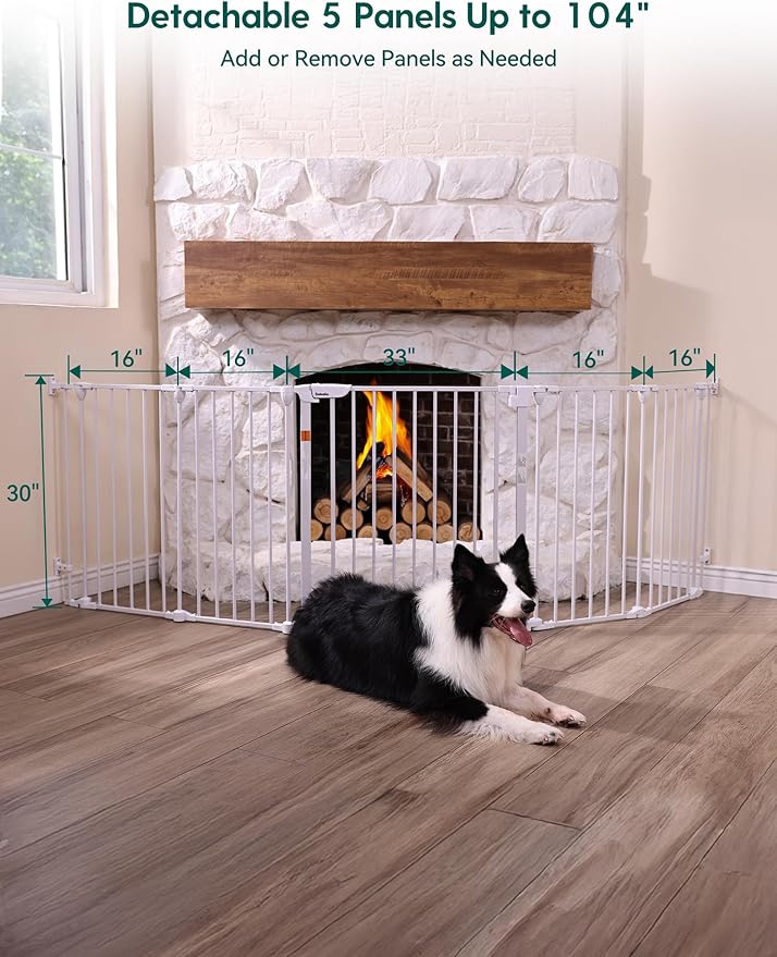 Babelio 104" Extra Wide Baby Gate, 30” Tall Auto Close Dog Fence for Stairs Doorways Fireplace, Hardware Mounted Pet Gate Indoor, Foldable 5 Metal Panels, AdaptiZone Series, White