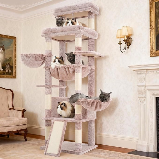 Hey-brother Cat Tree Tower, Scratching Posts with Extra Large Platform and Basket, Specious Condo, 2 Cozy Hammocks, Scratch Board for Indoor Adult Cats, Maine Coon 71.7 inches, Muchroom MPJ080MU