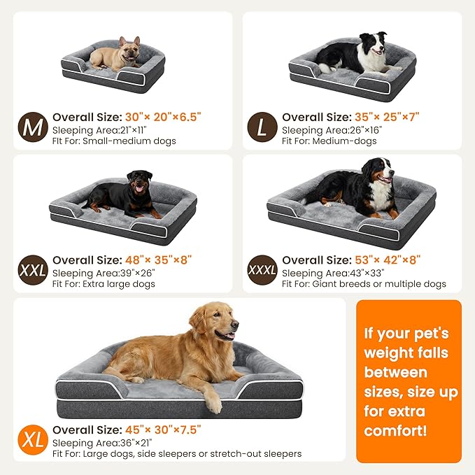 Orthopedic Dog Bed for Extra Large Dogs, 45 x 30 Inch Waterproof Egg Crate Foam XL Dog Couch Bed with Sides, Washable Removable Cover, Non Slip Bottom, Dark Grey