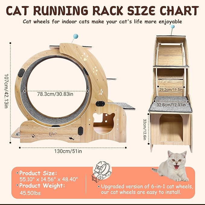55-inch cat Wheel, 6-in-1 cat Wheels for Indoor Cats, Scratching Board, Detachable mat, Climbing Frame, nest & Toys, Multi-Functional Indoor Pet Activity Center/Walking/Training