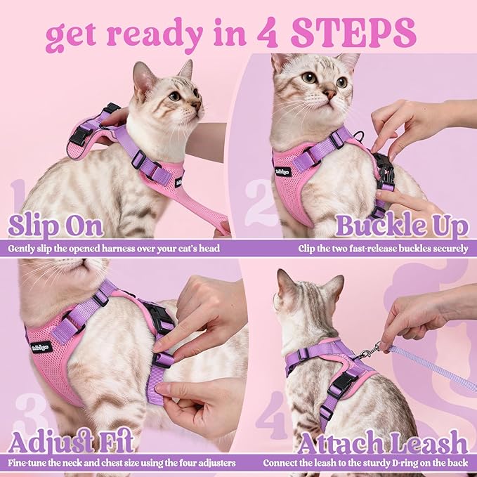 rabbitgoo Cat Harness and Leash Set, Escape Proof Vest Harness for Safe Outdoor Walks, Soft Breathable Adjustable Vest with Reflective Strips for Small and Average Cats, Pink & Purple, S