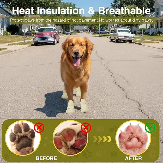 Dog Shoes for Hot Pavement and Snow - Waterproof, Non-Slip, Breathable Booties with Adjustable Straps for Small Medium, and Large Dogs (Beige, XS)