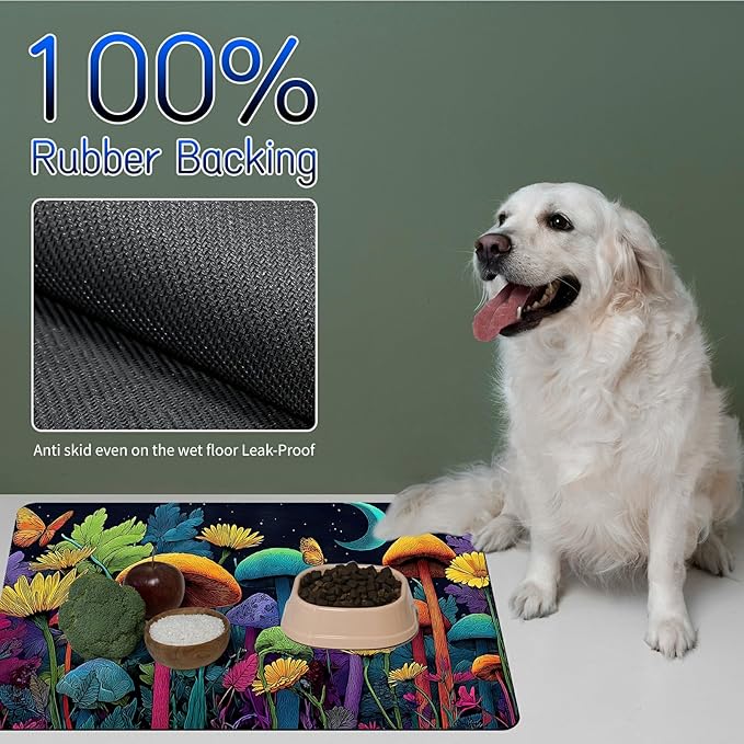 Dog Food Mat, 15.7" x 23.6" Absorbent Pet Feeding Mat for Food and Water, Waterproof Diatom Mud Pet Placemat with Non-Slip Rubber Backing, Easy Clean Cat Bowl Mat for Floors - Mushroom Forest
