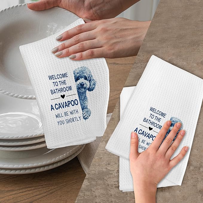 Funny Cavapoo Dog Hand Towels, Welcome to The Bathroom Hand Towels, A Cavapoo Will Be with You Shortly Dish Tea Towel for Kitchen Bathroom Decor, Dog Themed Gift for Women Men, 16x24 Inch
