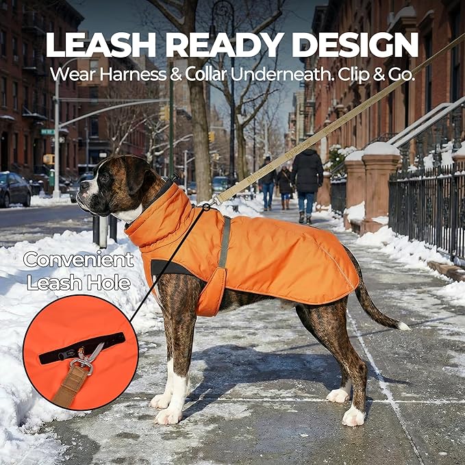 Dog Winter Coat, Warm Puffer Jacket with Fur-Safe Buckle & Leash Hole for Cold Weather, Water-Repellent Snow Vest, Breathable Thermal Apparel for Hiking & Active Dogs (Aurantium, Small)