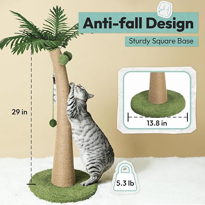 33" Tall Cat Scratching Post, Natural Jute Cat Scratcher for Indoor Cats, Coconut Tree Design with Hanging Toy Ball & Rest Platform, Stable Furniture Protector for Kittens & Adult Cats, L