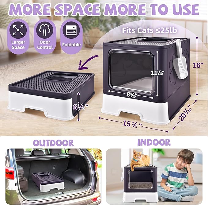 Covered Cat Litter Box with Litter Mat, Foldable Extra Large Dual Entry Adjustable Door, Drawer Design Enclosed Kitty Litter Box, Odor Control Anti-Splashing Easy Cleaning (Purple)