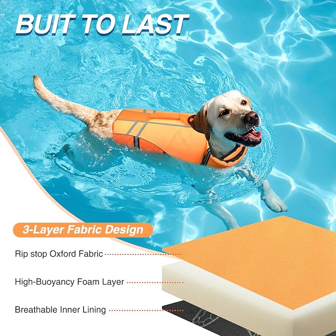 VIVAGLORY Sports Style Dog Life Vest, Dog Life Jacket for Swimming & Boating, Ripstop & Buoyancy for Puppy Doggy, Lifejacket with Handle, M, Dark Orange