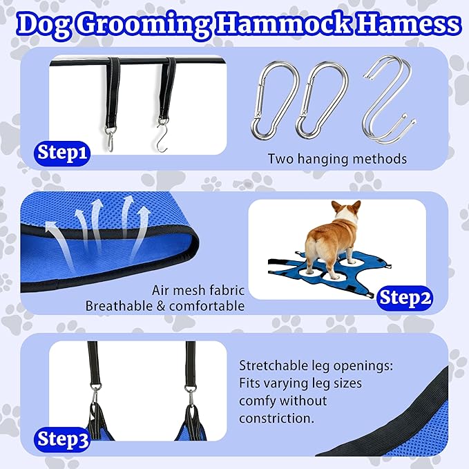 Dog Grooming Hammock Harness, with Elastic Leg Openings for a Flexible Fit, Dog Sling for Nail Trimming, Small Dogs Restraint Hanging Hanger Holder for Clipping Nails (Blue)