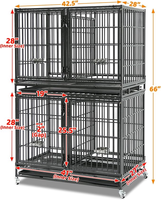 Homey Pet 43 Inch 2 Tiers Dog Crate Cage Kennel with Divider, Stackable Heavy Duty Dog Crate for Large Dogs, Escape Proof Indestructible Dog Kennel Indoor with Removable Tray, Lockable Wheels(2 Packs)