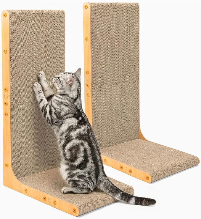 Conlun Cardboard Cat Scratcher,26" L-Shaped Scratch Pad Wall Mounted,Vertical Scratching Post Durable Cardboard to Protect Furniture for Indoor Cats,Wood Grain Junbo (2 Pack)