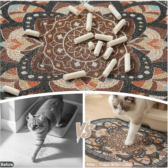Bienbee Cat Litter Mat, 33" x 22" Large Size Litter Box Mat Rug with Non-Slip Bottom,Urine and Water Proof, Easy to Clean Cat Supplies Essentials for Indoor Kitty Kitten Floor,Deep Brown Flowers L