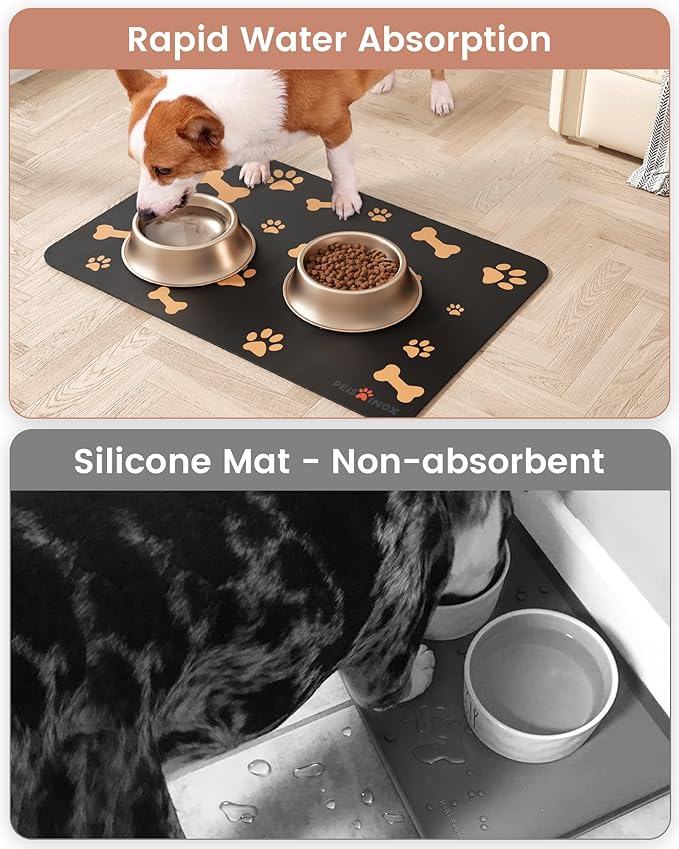PEISAINOX Cat Dog Food Mat, Rapid Water Absorption Dog Mat for Food and Water,100% Waterproof Cat Dog Bowl Mat, 16"x27"-Black