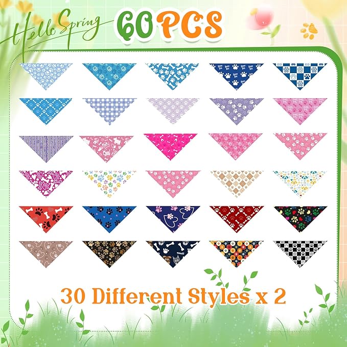 Sanwuta 60 Pcs Holiday Dog Bandanas Bulk Paw Prints Funny Dog Bandanas Adjustable Dogs Bibs Triangle Scarf Pet Costume Cute for Small to Large Pet(Paw Prints, Medium)