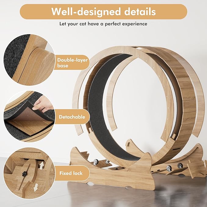 Mondeer Cat Exercise Wheel, 46'' Cat Wheel for Indoor Cats with Carpeted Runway, XL Treadmill with Removable Carpet and Teaser, for Running Walking Training (Natural Wood)