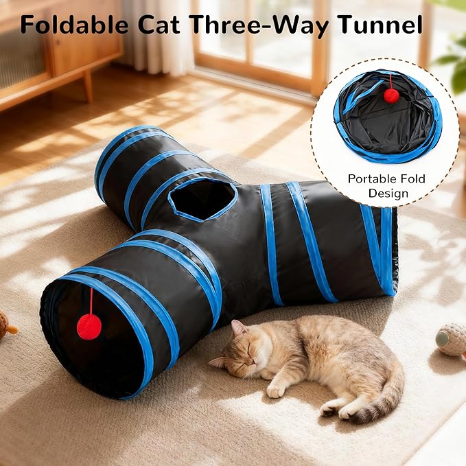 Tempcore Cat Tunnel for Indoor Cats, 3-Way Collapsible Play Tunnel with Teaser Wand, Peek Holes & Toy Ball, Small Pet Toy for Kittens & Rabbits, Black & Royal Blue
