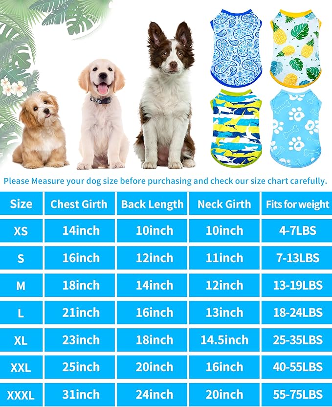 PET SHOW 4 Pack Summer Dog Shirts for Small Doggies Boy UPF 50+ UV Sun Protection Cooling Clothes Tank Top Shark Puppy Kitten Cats T-Shirts Pet Holiday Party Sleeveless Vest Blue(Small)