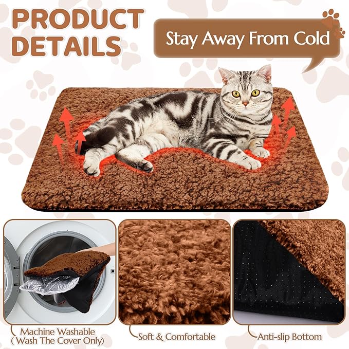 Self Warming Cat Bed Pad Self Heating Pet Mat Warmer Bed Mat for Feral and Indoor Washable Thermal Pet Kennel Pad with Anti-Slip Bottom(Brown,16 x 20 Inch)
